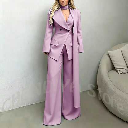 Classic Black Women Suit Set Double Breasted Asymmetrical Blazer Pants with Muffler Formal Office Elegant Two Piece Outfit