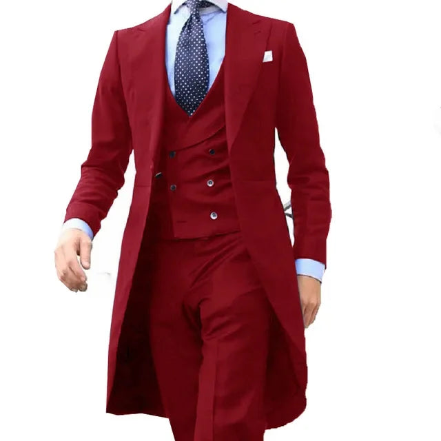 Long Coat Designs Burgundy Men Suit Gentle Mens Tuxedo Prom Blazer Custom 3 Pieces (Jacket+vest+Pants)