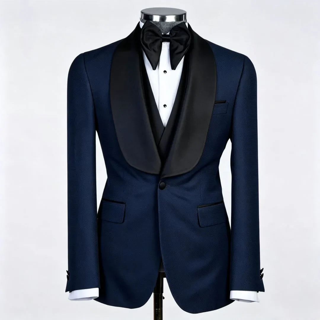 Men Suit Champagne 3 Piece With Black Lapel For Wedding Groom Banquet Party Birthday Prom Business Work Office Jacket Vest Pants