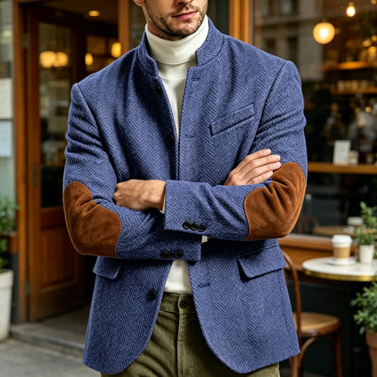 Vintage Men's Herringbone Tweed Blazer With Suede Elbow Patches Stand‑Collar Business Casual Suit Jacket Formal Outerwear Coat