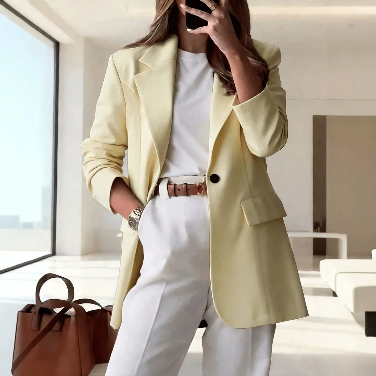 Women's Single-Button Loose Fit Suit Jacket Trans-seasonal Yellow Collar Commute Casual Polyester Fabric Fashionable