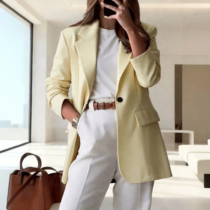 Women's Single-Button Loose Fit Suit Jacket Trans-seasonal Yellow Collar Commute Casual Polyester Fabric Fashionable