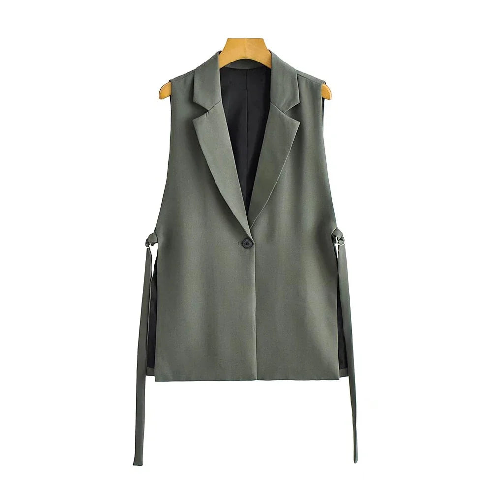 Women Fashion With Taps Side Vents Waistcoat Vintage Sleeveless Front Button Female Outerwear Chic Vest Tops
