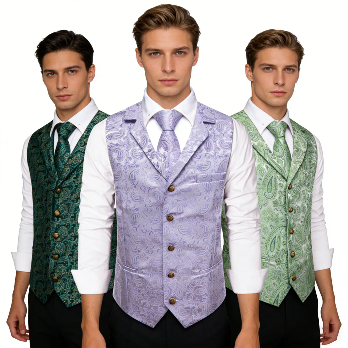 Men's Paisley Waistcoat with Matching Tie, Pocket Square and Cufflinks Set for Weddings and Business Events