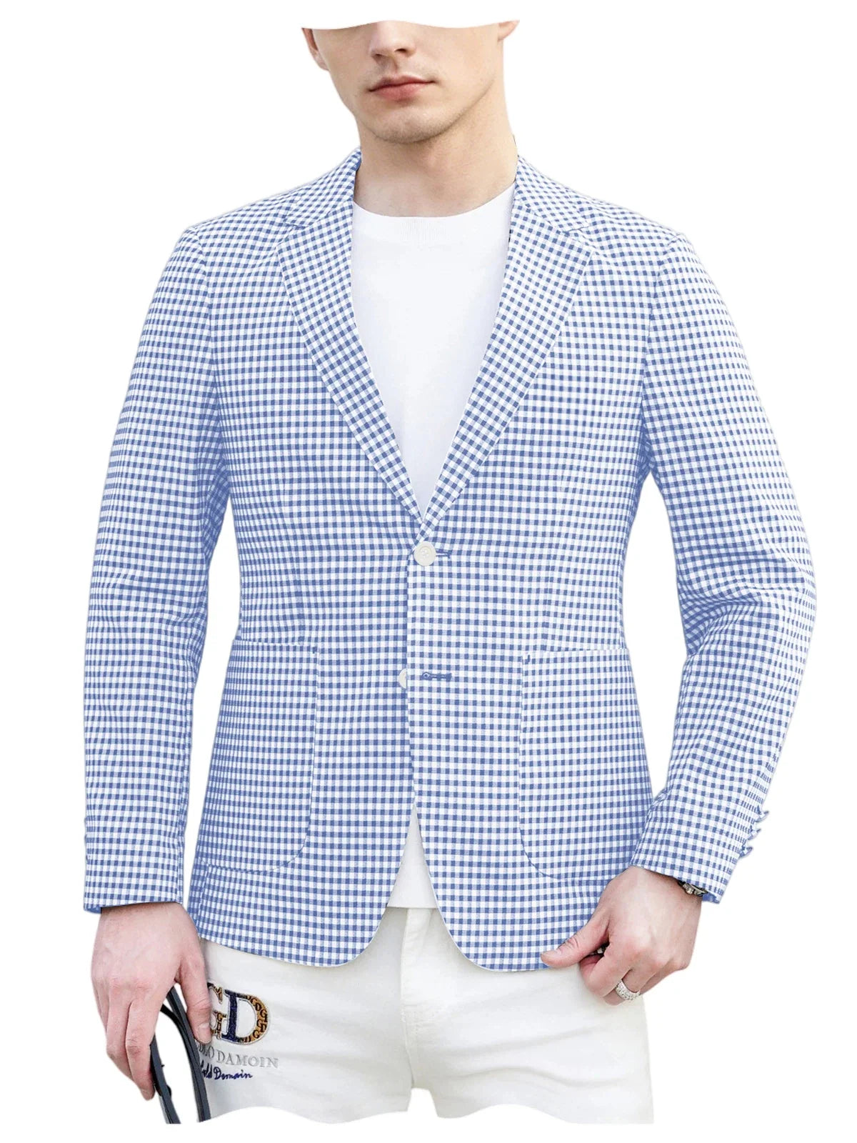 Men's Plaid Cotton Blazer Notch Lapel Suit Jacket 2 Buttons Lightweight Breathable Casual Business for Summer Office Daily Wear