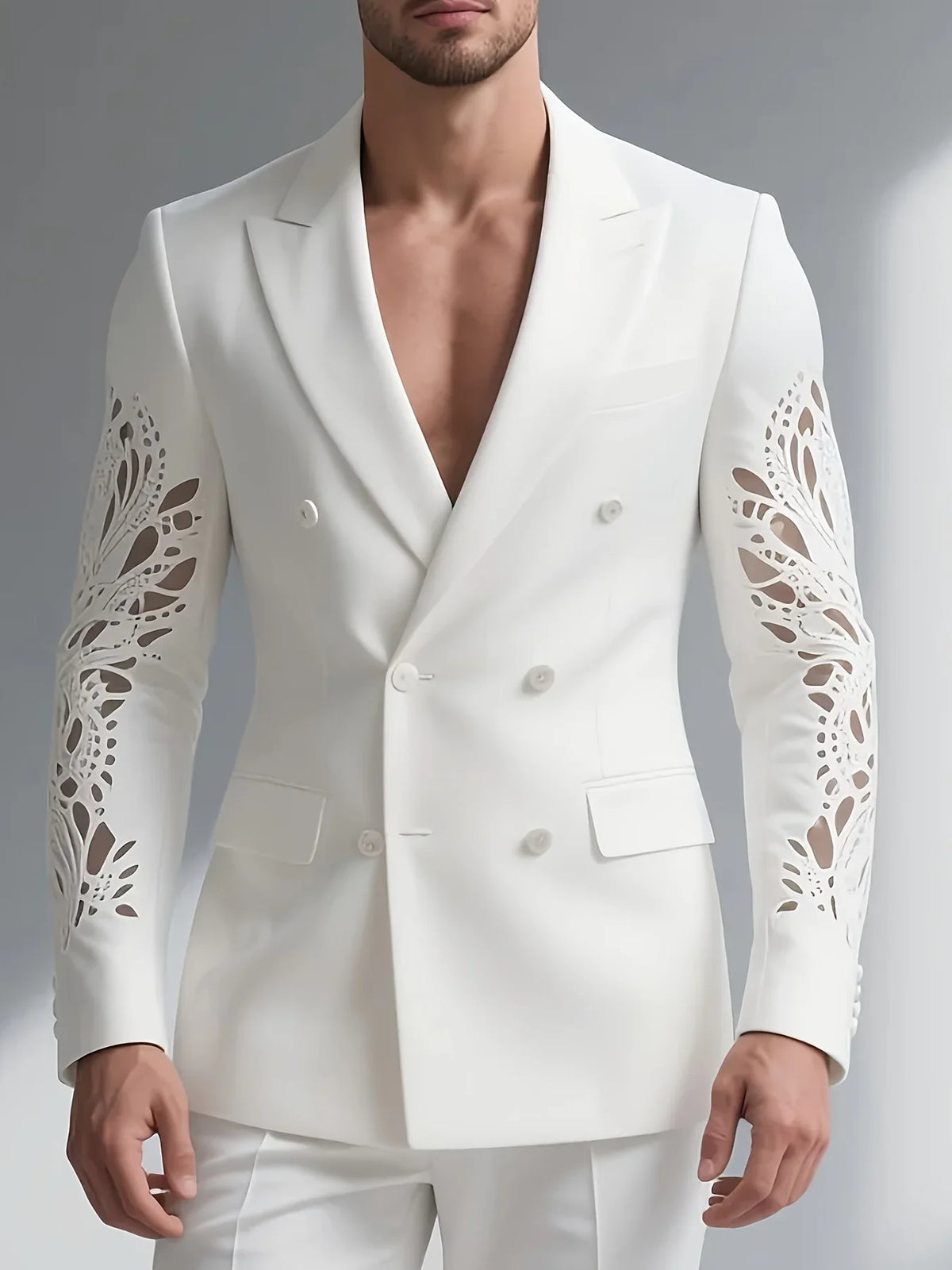 Peaked Lapel Double Breasted Burnt-Out Long Sleeve Blazer