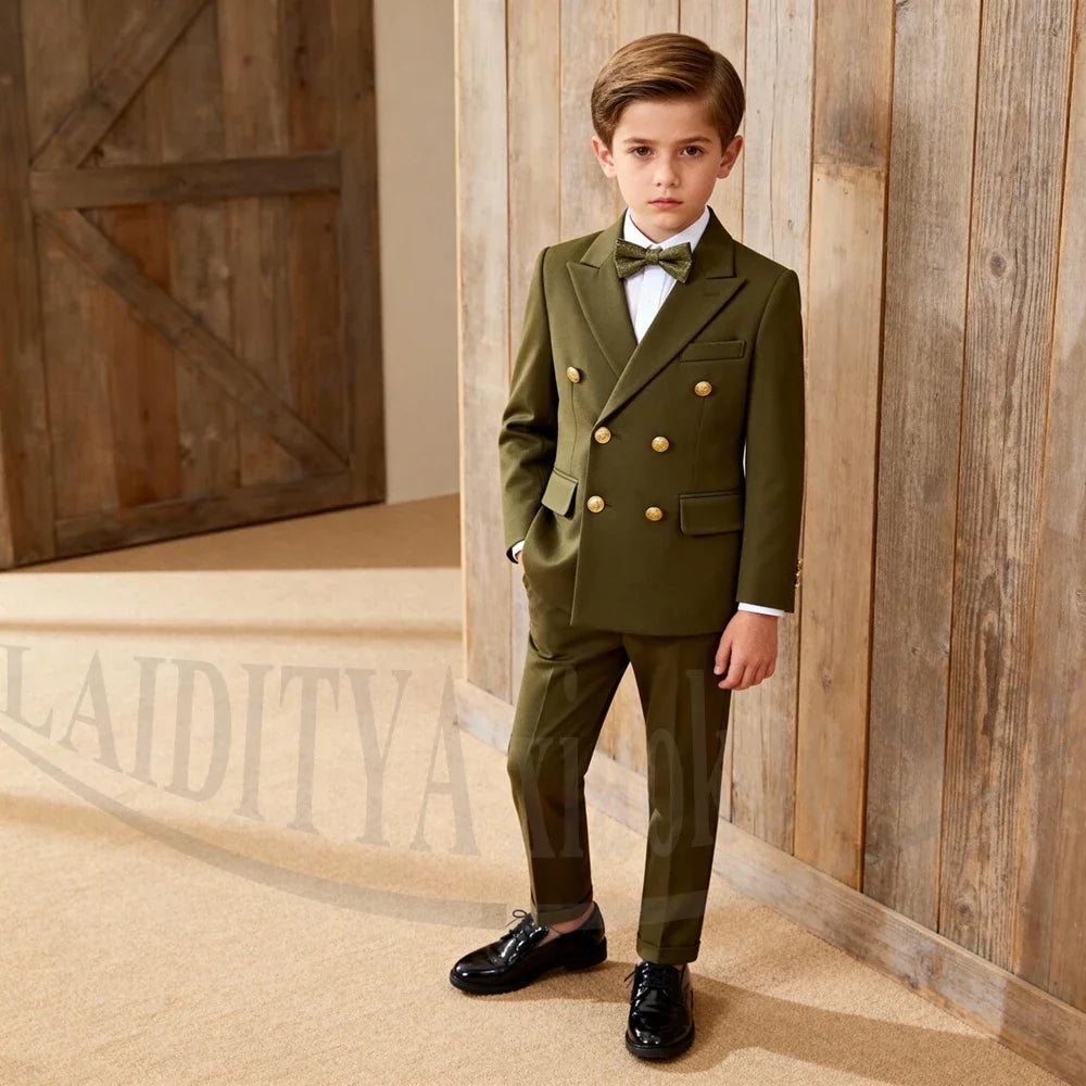 Chic Boys Suit Fashion Double Breasted Peak Lapel Wear Formal Wedding Party Prom Kids Elegant Gentleman Outfit 2 Piece Set