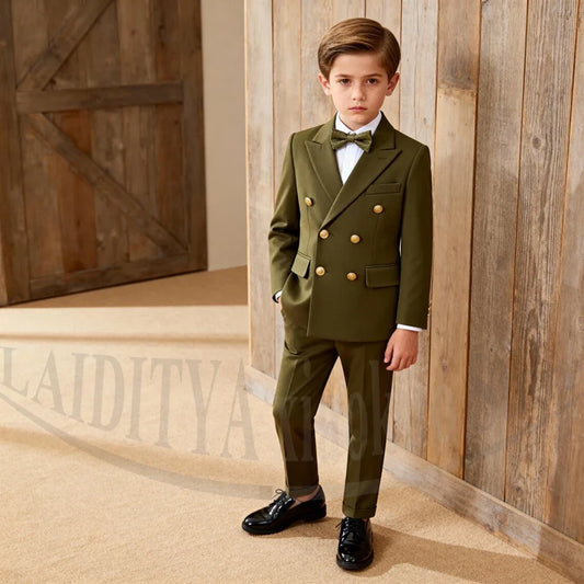 Chic Boys Suit Fashion Double Breasted Peak Lapel Wear Formal Wedding Party Prom Kids Elegant Gentleman Outfit 2 Piece Set