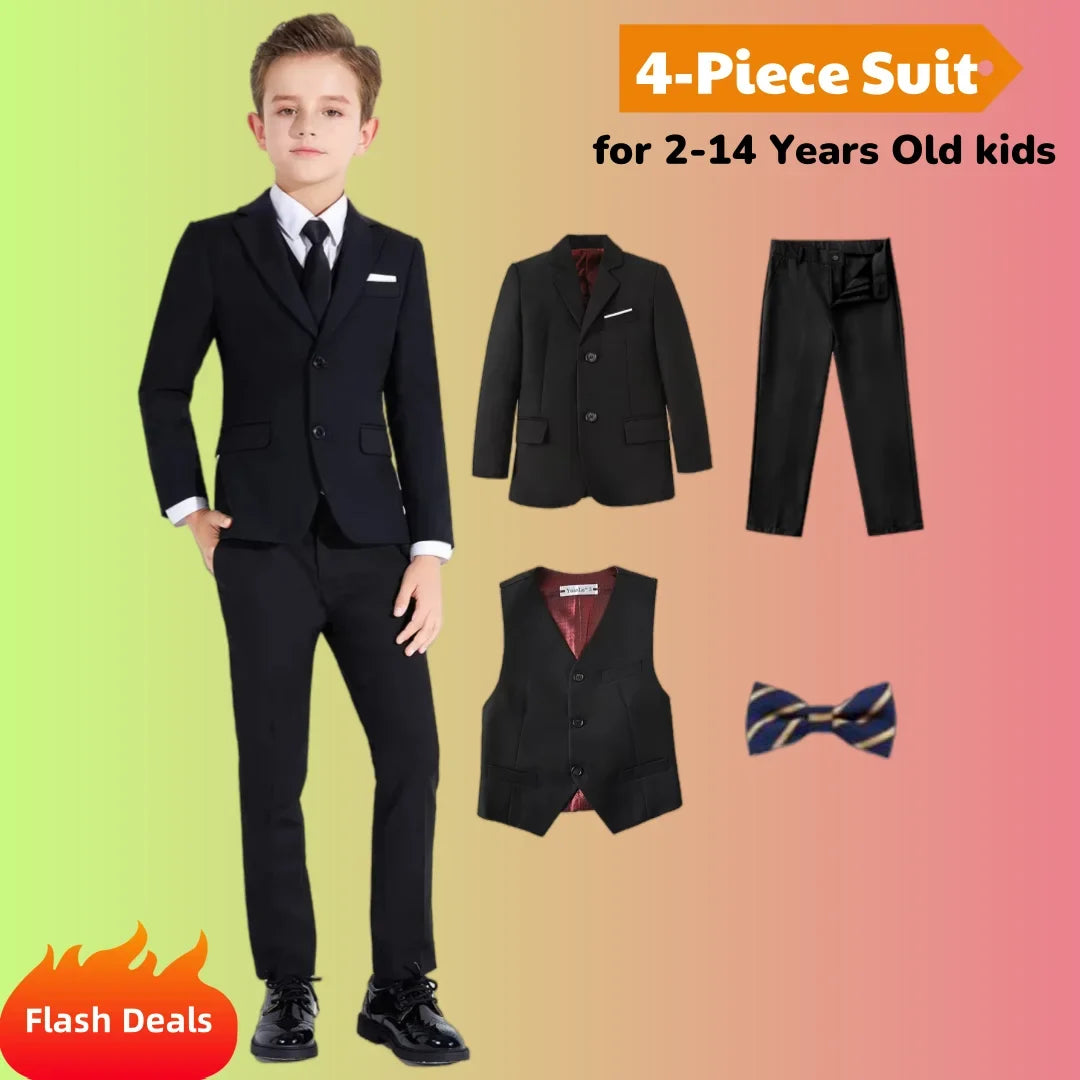 Boys 4-Piece Formal Suit Set for Weddings, Parties & Special Occasions – Navy & Black