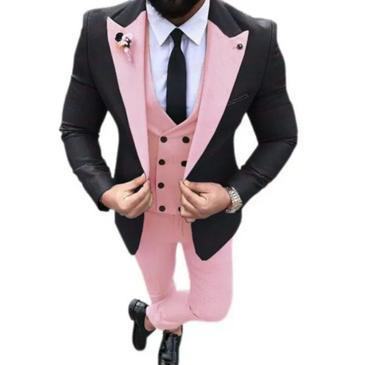 Pink Caual Men Suits with Black Jacket 3 Piece Wedding Groomsmen Tuxedo New Male Fashion Costume Double Breasted Vest Pants