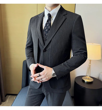 British Style Fake Two-piece Suit Set Men's Wedding Groom Dress 3 Piece Set Suit Vest Trousers Slim Office Business Casual Suits