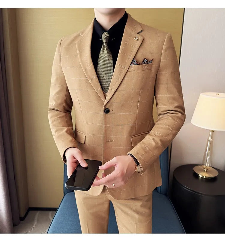 Men's 3-Piece Slim Fit Plaid Suit – Jacket, Vest & Pants for Weddings, Office & Formal Occasions