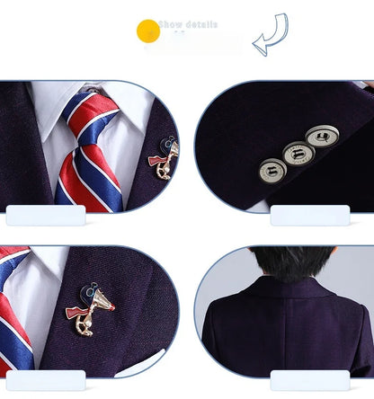 Handsome Boys Plaid Suit Set With Blazer Vest Pants Bowtie Brooch 1-11Years Kids Formal Birthday Wedding Party Outfit Suit Set