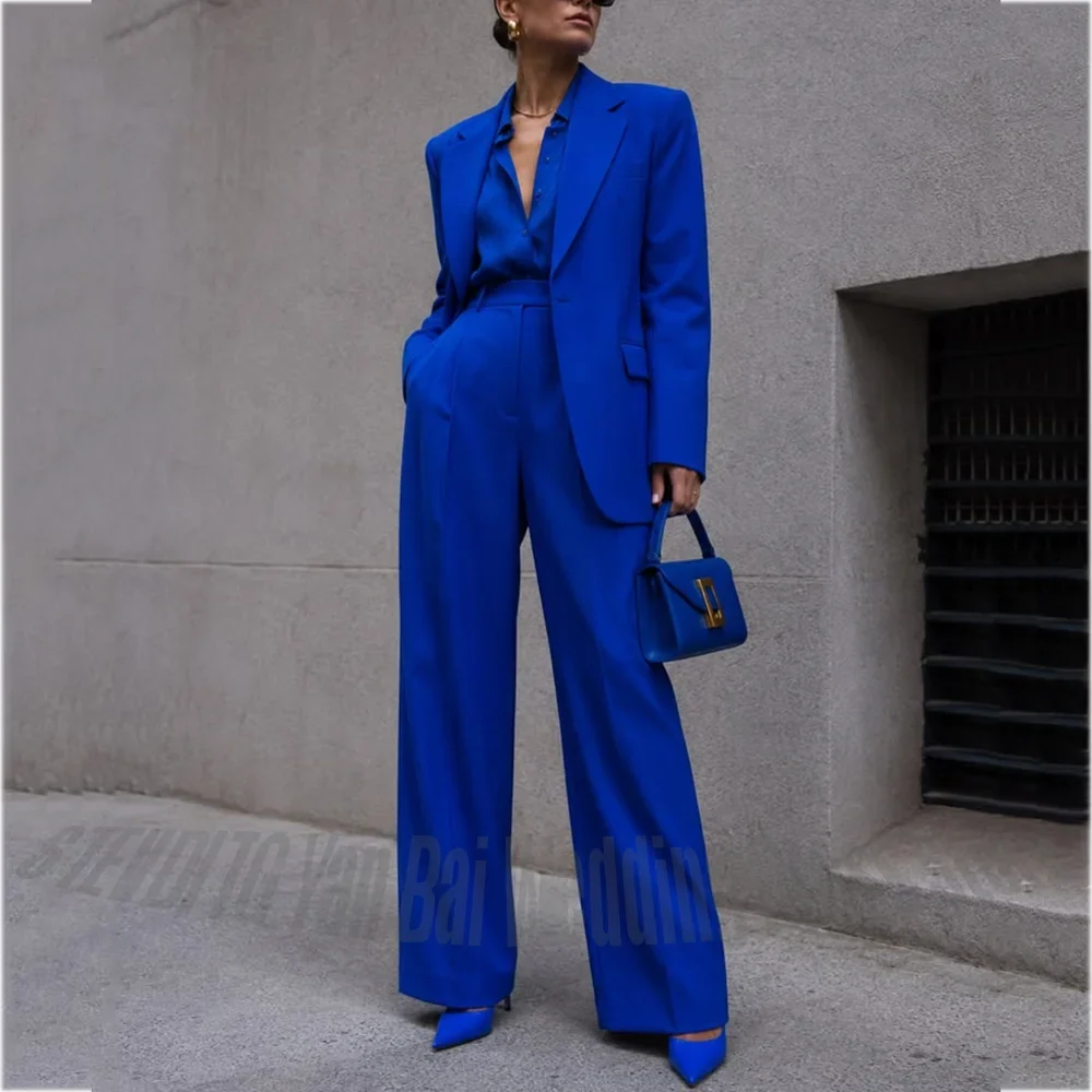 Royal Blue Blazer Pants Women Suit Notch Lapel Straight Fit Solid Color Casual Fashion Office Business Ladies Matching Outfit
