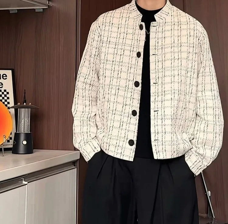 Men's Spring High-End Plaid Blazer Bad Boy Style Cropped Jacket Chinese Stand Collar Suit Outerwear