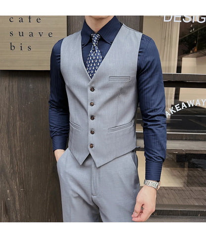( Jacket+Vest+Pants ) ltalian Style Luxury High-end Fashion Solid Color Mens Business Slim Suit 3Piece Set Groom Wedding Tuxedo