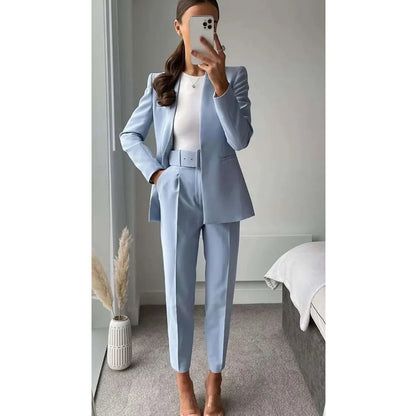 Elegant Light Blue Women Suits Two Piece (Blazer+Pants) Fashion V-Neck No Buttons Wear Fashion Casual Office Daily Pants Sets