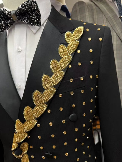 Golden Beaded Men's Suits 2 Pieces For Party Double Breasted Handsome Suit Set For Men Dancing Wear Long Sleeve Tuxedo S-3XL