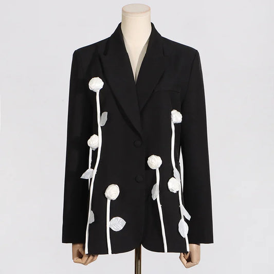 Women Trend Blazer Color Block Three-dimensional Flower Single Breasted Slim Fit Elegant High-end Jacket New Spring HK19922