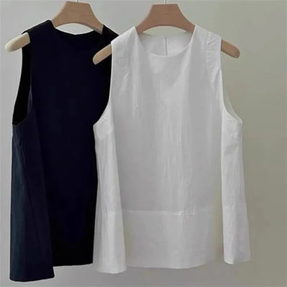 Korean Lady Fashion Solid Color Pullover Vest Shirt Summer Women Round Neck Sleeveless Spring Female Casual Short Waistcoat Tops