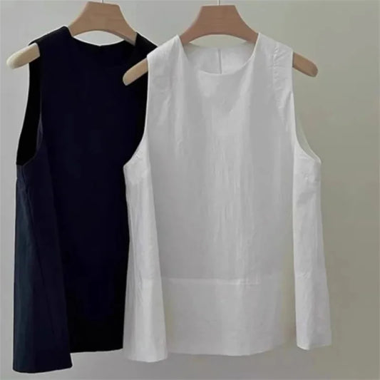 Korean Lady Fashion Solid Color Pullover Vest Shirt Summer Women Round Neck Sleeveless Spring Female Casual Short Waistcoat Tops