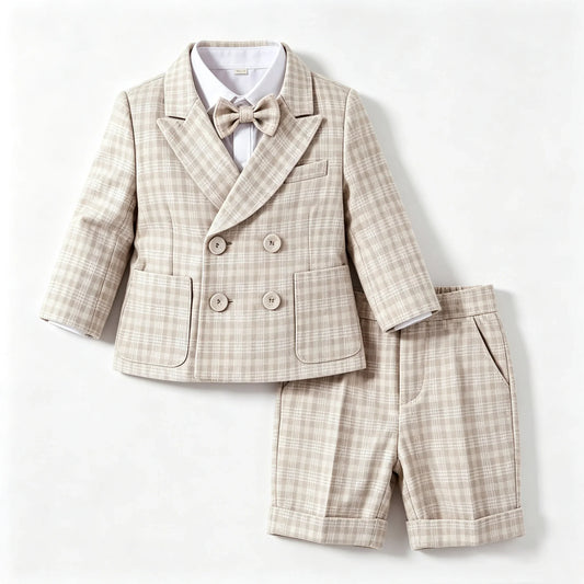 Plaid Suit Set for Boys Formal Blazer Toddler Gentleman Shorts BowTie Perfect for Wedding Birthday Baptism Party Dress Outfit