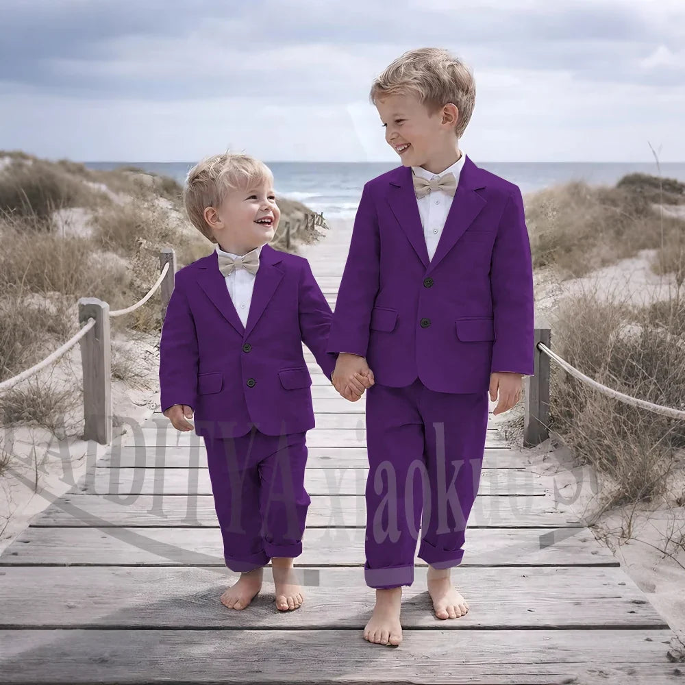Beige Linen 2 Pieces Boys Suit Jacket Pants Kids Ring Bearer Outfit Breathable Summer Beach Wedding Birthday Party Costume