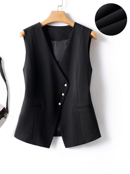 Short V-Neck Suit Vest for Women, Spring and Autumn Slant-Buttoned Top, Perfect for Office Wear and Versatile Vest