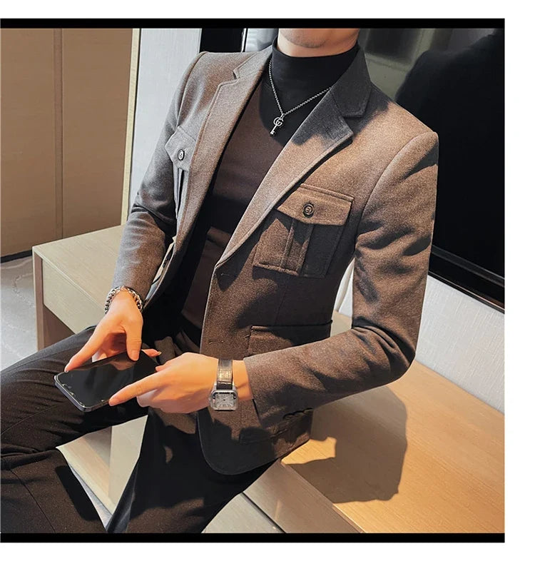 Winter Woolen Suit Jacket for Men Multiple Pockets Slim Fit Casual Business Blazers Masculino Wedding Streetwear Social Coats