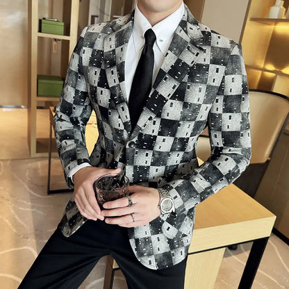 Korean Jacquard Denim Jacket for Men Autumn Winter Casual Business Men Blazers Slim Fit Wedding Social Dress Coat Men Clothing