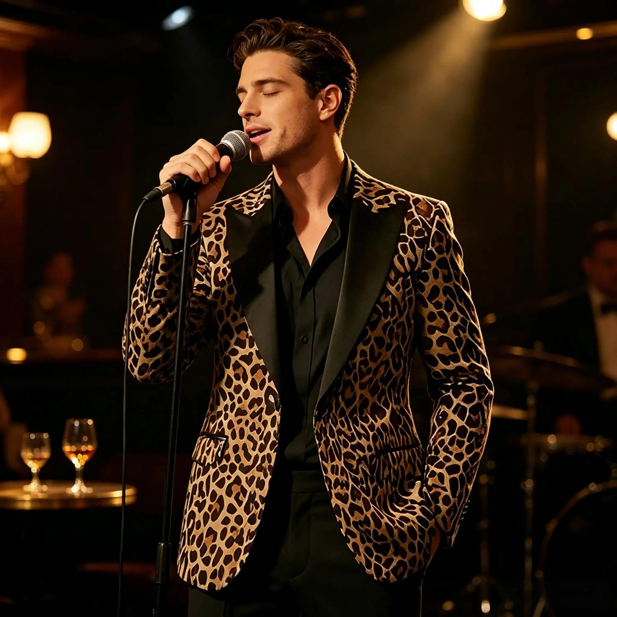 Men's Leopard Print Tuxedo Blazer Satin Lapel Slim Fit One Button Suit Jacket Party Club Stage Wedding Dinner Formal Coat