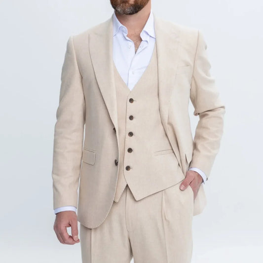 Men Suit 3 Pieces Beige Single Button With Lapel Solid For Wedding Banquet Party Banquet Business Work Daily Jacket Vest Pants