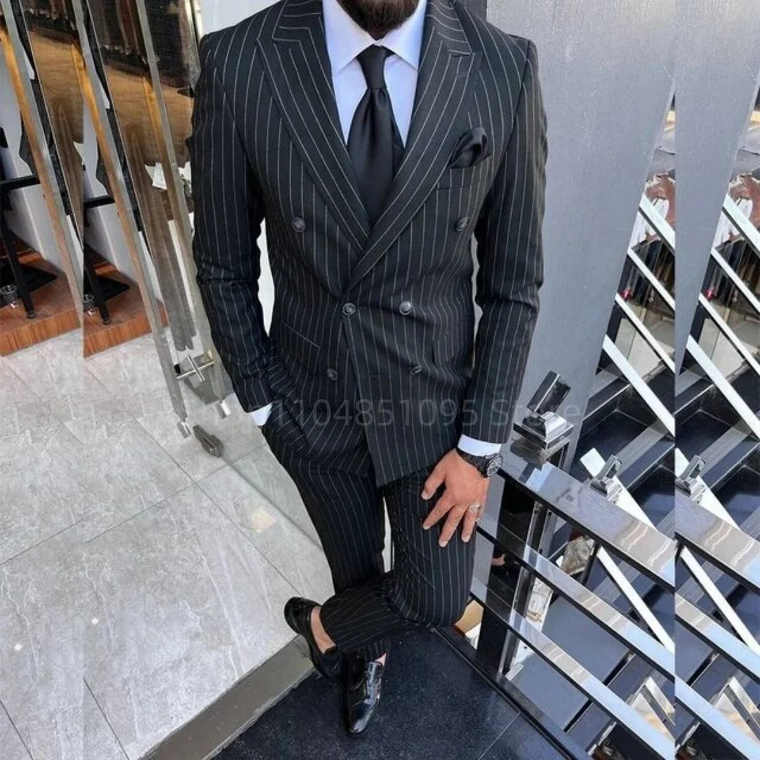 New Black Striped Men's Suit Slim Fit Business Peak Lapel Double Breasted Jacket Pants Wedding Party Prom Suits Set of 2 Piece