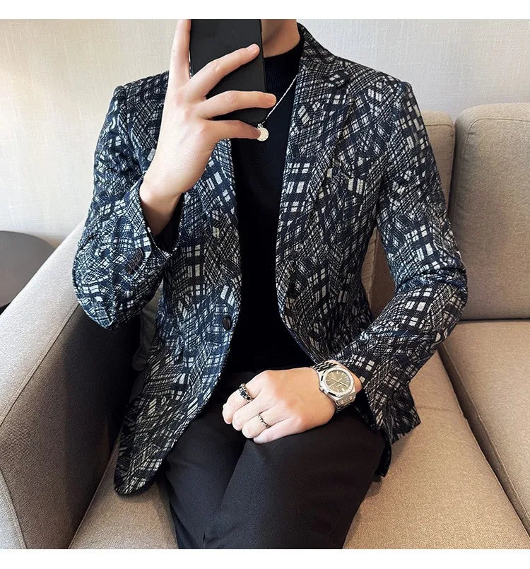 Korean Slim Fit Casual Suit Jacket for Men Fashion Camouflage Business Social Blazers Wedding Streetwear Dress Coat Men Clothing