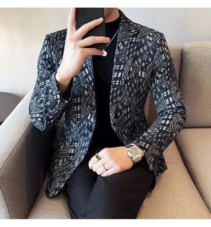 Korean Slim Fit Casual Suit Jacket for Men Fashion Camouflage Business Social Blazers Wedding Streetwear Dress Coat Men Clothing