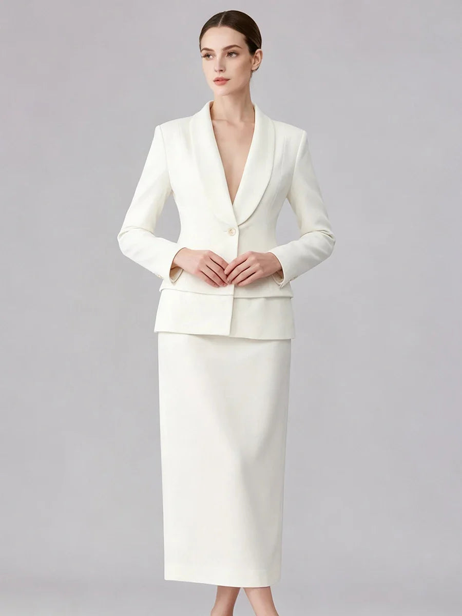 Women  Lapel Blazer Midi Skirt Single Breasted Slim Waist Long Sleeve Formal Office Business Outfit Set