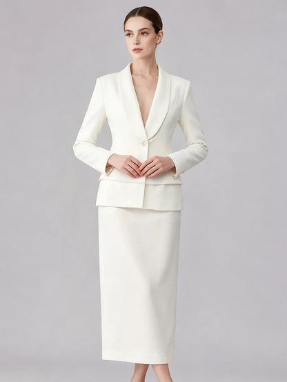 Women  Lapel Blazer Midi Skirt Single Breasted Slim Waist Long Sleeve Formal Office Business Outfit Set
