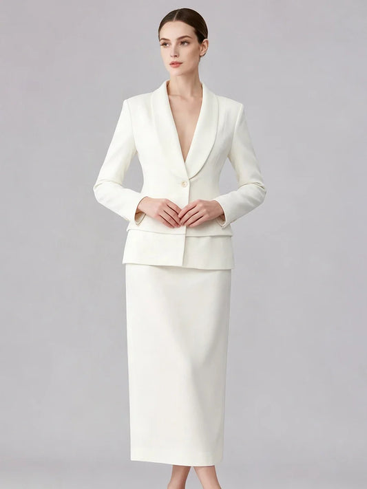 Women  Lapel Blazer Midi Skirt Single Breasted Slim Waist Long Sleeve Formal Office Business Outfit Set