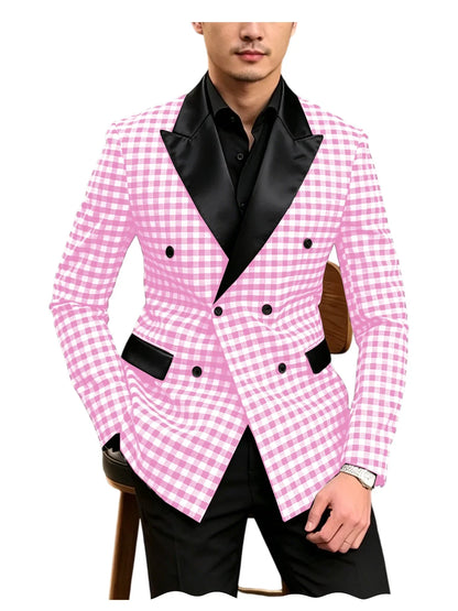 Men's Checkered Double Breasted Blazer Tailored Slim Fit Formal Jacket For Wedding Groom Cocktail Event Prom Dinner Party Coat