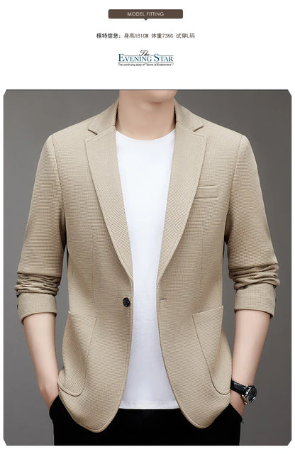 New men's suit jacket with non-stretch flat collar, waffle pattern, for business casual and fitted formal wear.