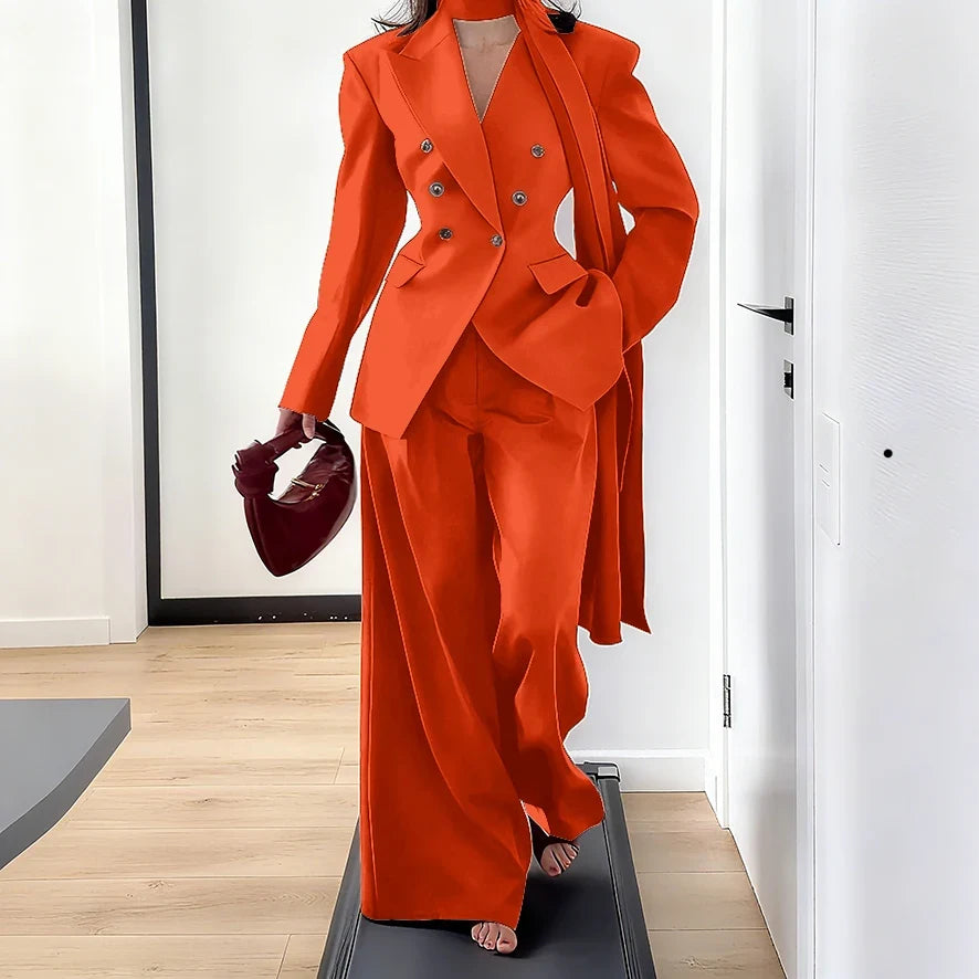 Elegant Women Double Breasted Suit Set Double Breasted Peaked Lapel Blazer+Pants Daily Slim Fit Office Evening Party Outerwears