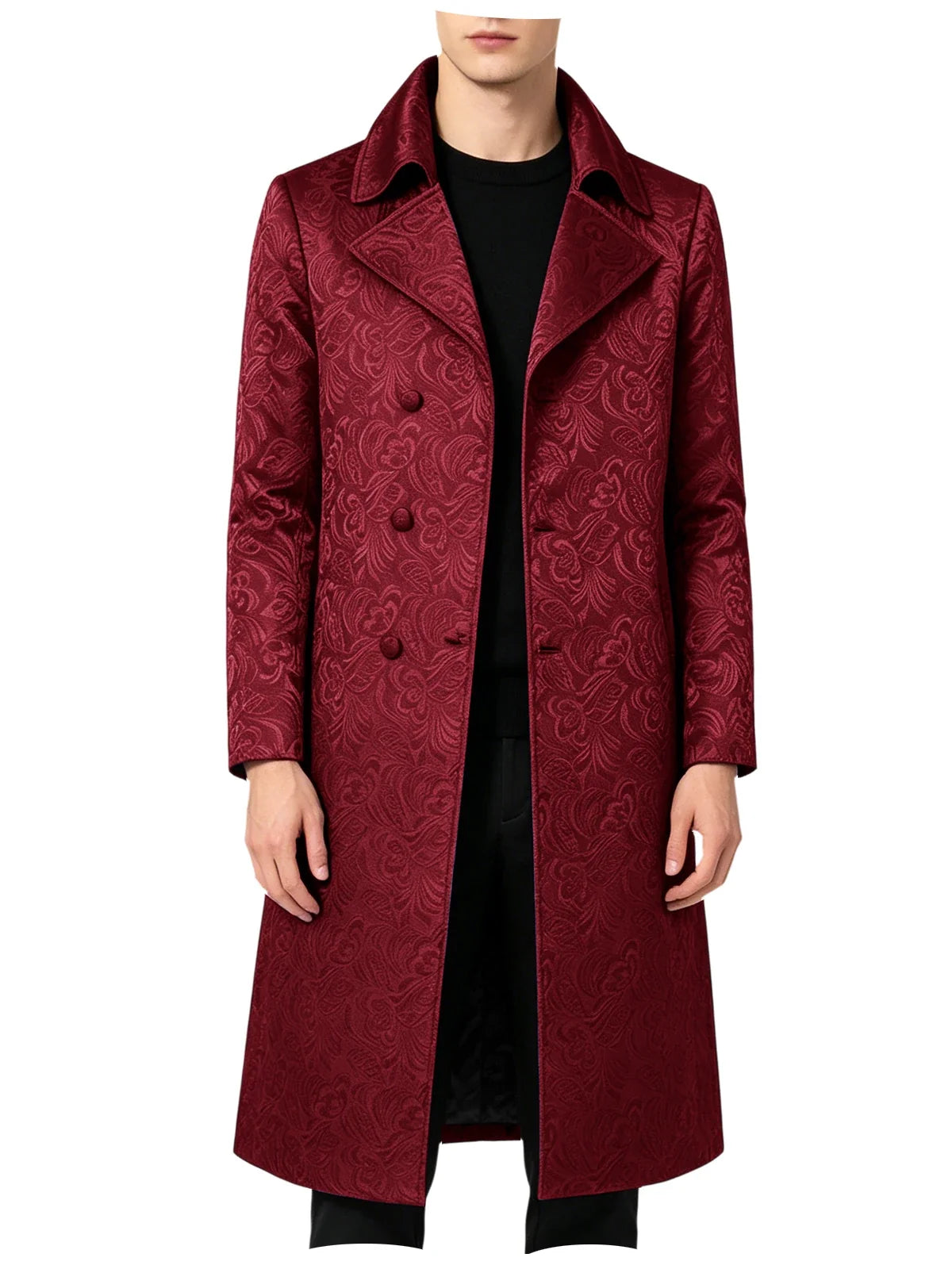 Men Luxury Jacquard Long Trench Coat Lapel Formal Overcoat Outerwear For Wedding Prom Banquet Club Evening Business Stage Party