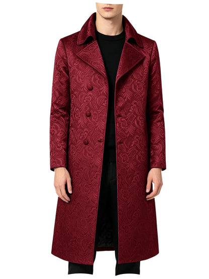 Men Luxury Jacquard Long Trench Coat Lapel Formal Overcoat Outerwear For Wedding Prom Banquet Club Evening Business Stage Party