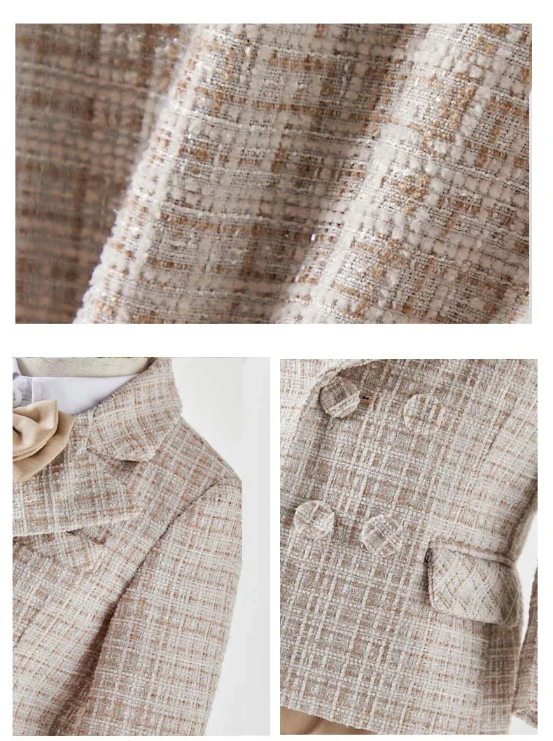 Baby Boys Gentleman Tweed Suit Set Kids Flower Boy Wedding Formal Wear Double Breasted Blazer Khaki Pants Bow Tie Birthday Party