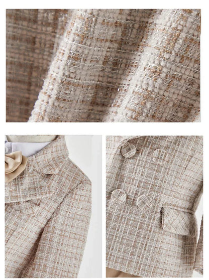 Baby Boys Gentleman Tweed Suit Set Kids Flower Boy Wedding Formal Wear Double Breasted Blazer Khaki Pants Bow Tie Birthday Party