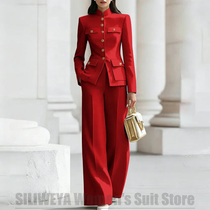 Women's Ivory Suit Mandarin Collar 2 Piece Military Style Gold Buttons Blazer Wide Leg Pants Wedding Party Prom Lady Suits