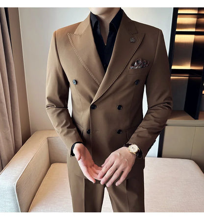 (Blazer + Trousers) Fashion Double Breasted Design Slim Men's Suit Italian Style Luxury Wedding Social Party Tuxedo 2 Piece Set