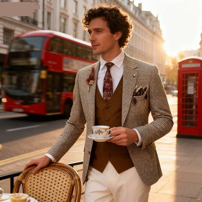 New Biege Houndstooth Blazer Party Wedding Tuxedos Notch Lapel Two Buttons Jacket Men Suits Coat For Wedding Party Prom