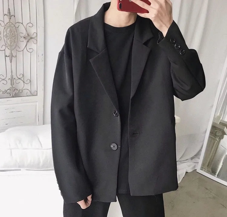 Men Spring Autumn Casual Blazer Set INS Korean Style Trendy Hong Kong Vibe Handsome Suit Jacket Outerwear