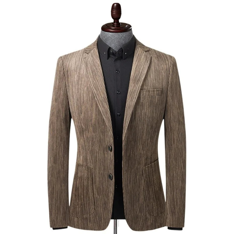 KIDWHXR Suit Coat Man Vintage Striped Single-breasted Male Blazer British Style Long Sleeve Pocket Slim Casual Men Outerwear
